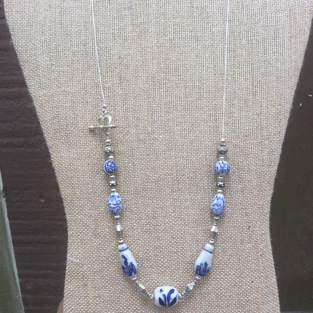 Blue and white porcelain bead necklace